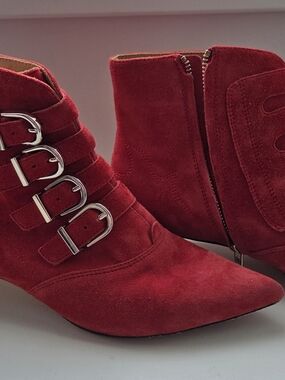 JOIE Red Suede Buckle Ankle Boots - Women 7.5